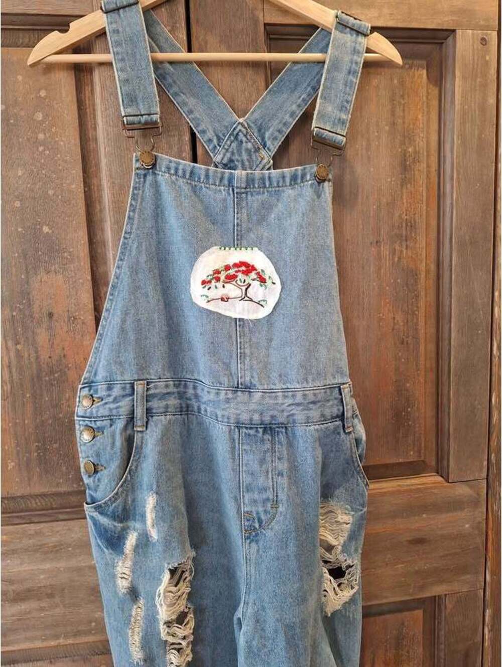 Uncycled apple tree embroidery, denim overalls, waist 18", Small.